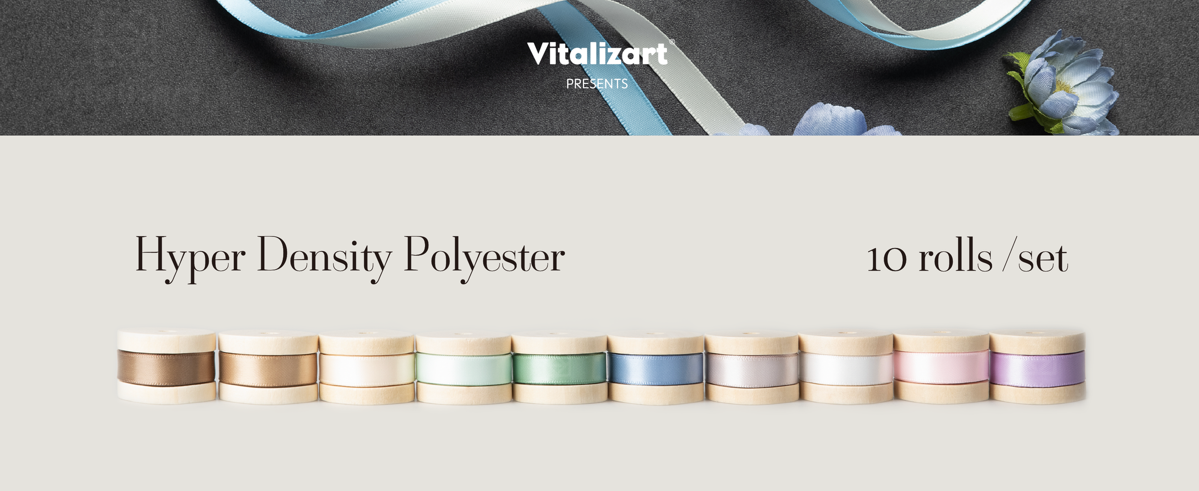 Ten wooden spools hold assorted pale polyester satin ribbons in neutral, pastel, and blue tones.