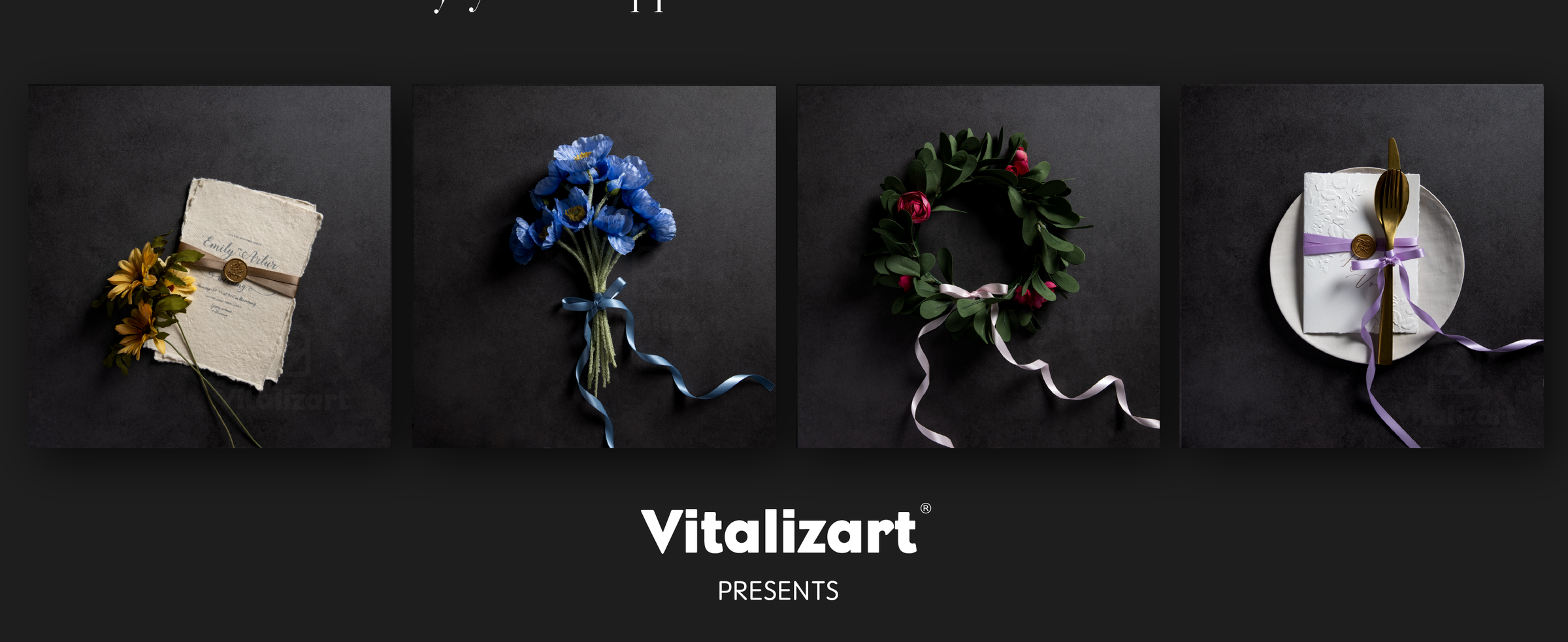 Pale ribbon ties a pink floral wreath, while taupe satin ribbon wraps a deckle-edge invitation.