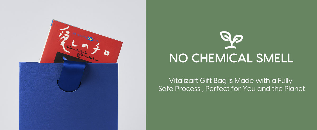 One gift bag shown with a greeting card and paper material and odor information