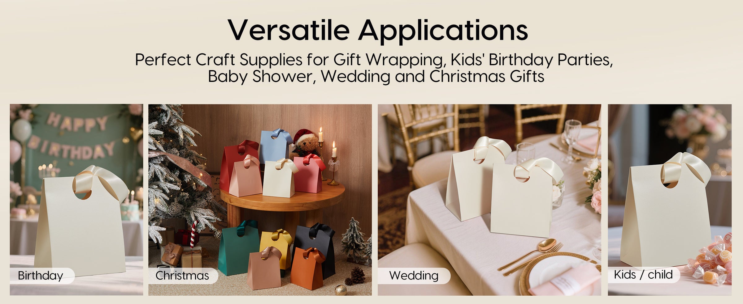 Ribbon-handle paper gift bags arranged for Christmas, children's parties, birthdays and weddings