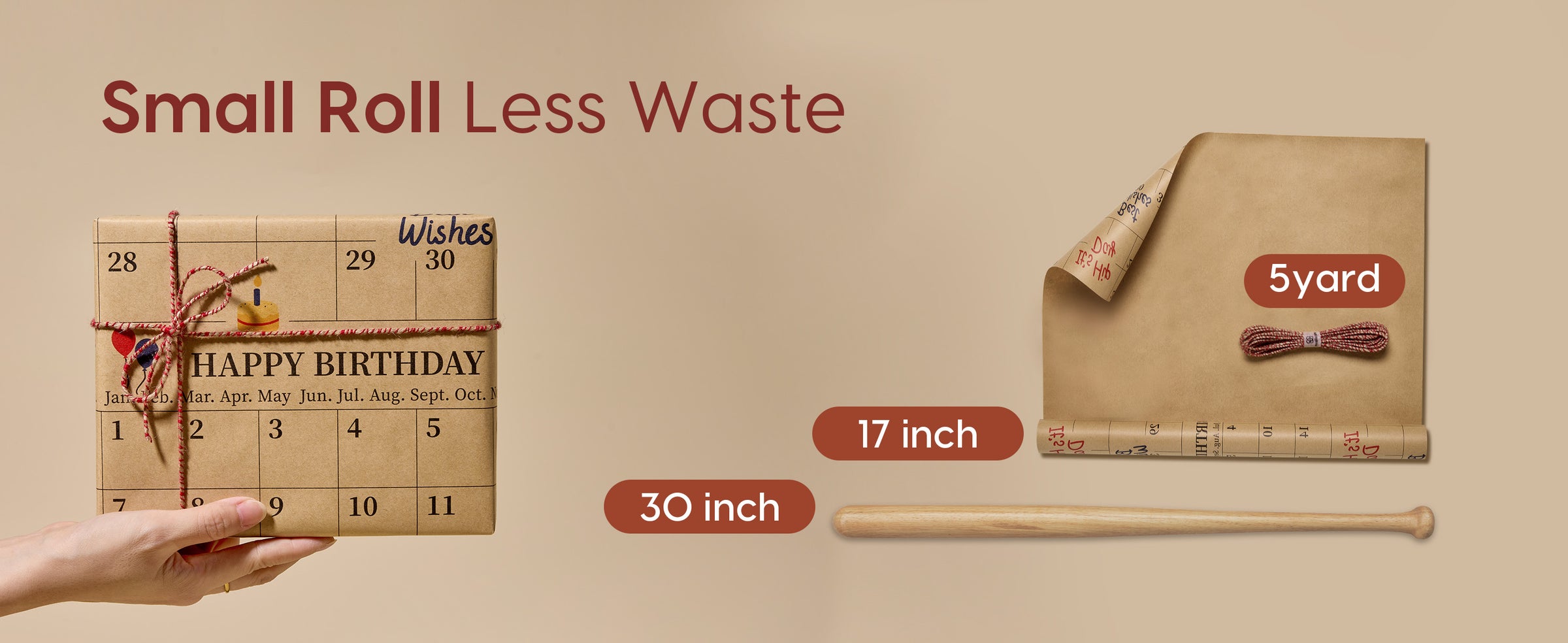 Brown calendar gift wrap set with 17-inch paper, 5-yard twine, and a 30-inch wooden rod