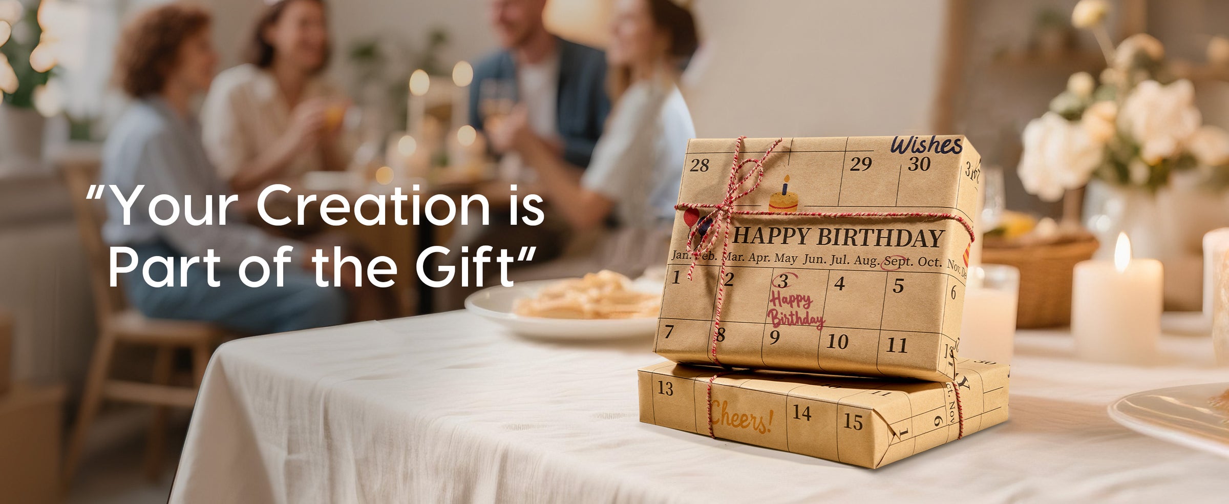 Two gifts in brown calendar birthday wrapping paper with red twine and a marked date