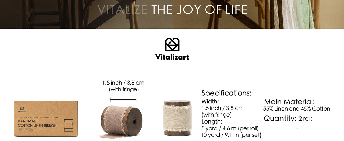 Taupe and cream frayed-edge linen-cotton ribbon on dark wooden spools with specifications