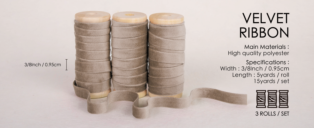 Three wooden spools of camel velvet ribbon, each 5 yards long and 3/8 inch wide.