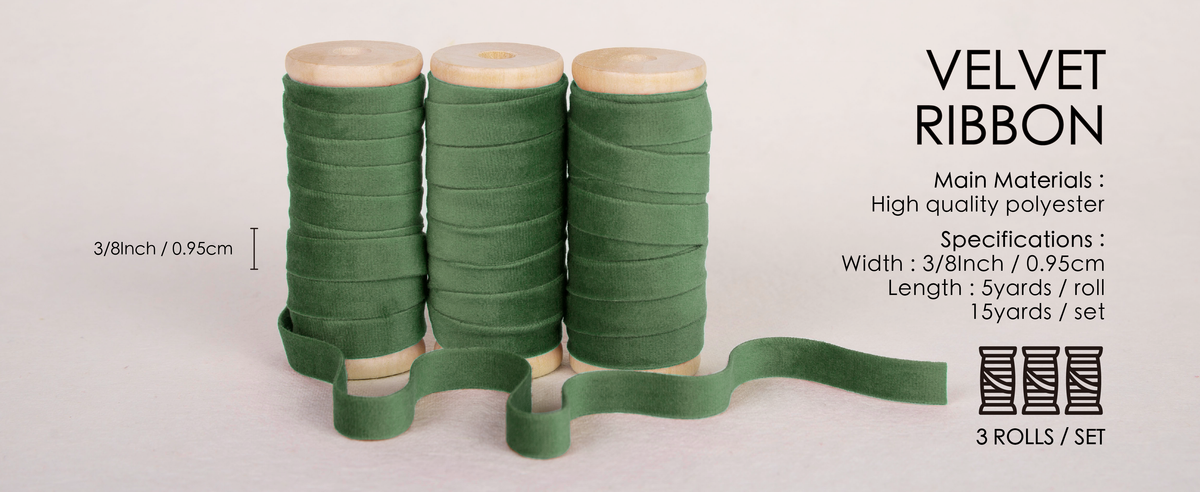 Three wooden spools of green velvet ribbon, each 5 yards long and 3/8 inch wide.
