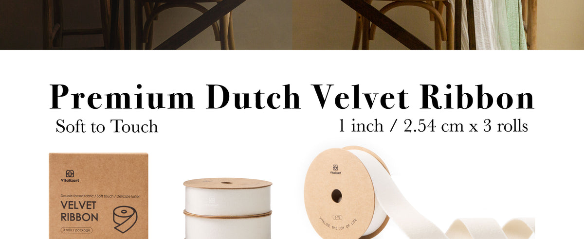 White velvet ribbon on a wooden spool shown with package, ribbon width, length, and spool details
