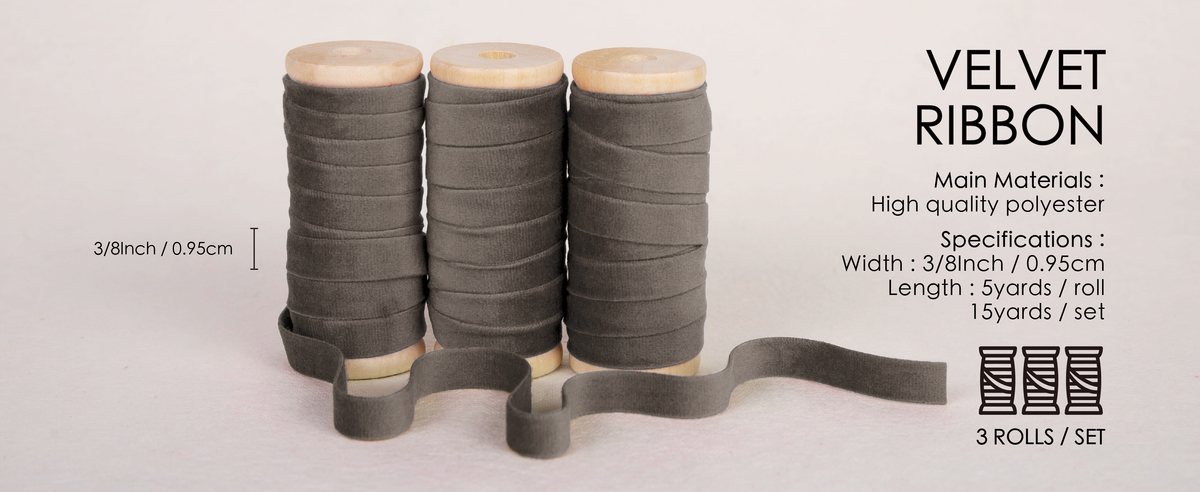 Three gray polyester velvet ribbon rolls on wooden spools, each 3/8 inch wide and 5 yards long.