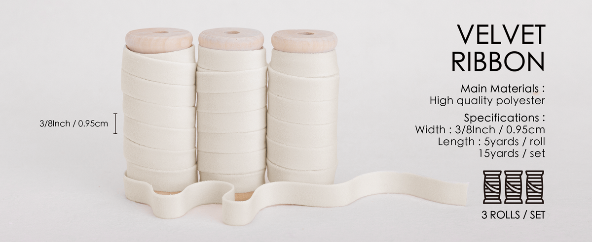 Three ivory polyester velvet ribbon rolls on wooden spools, each 3/8 inch wide and 5 yards long.