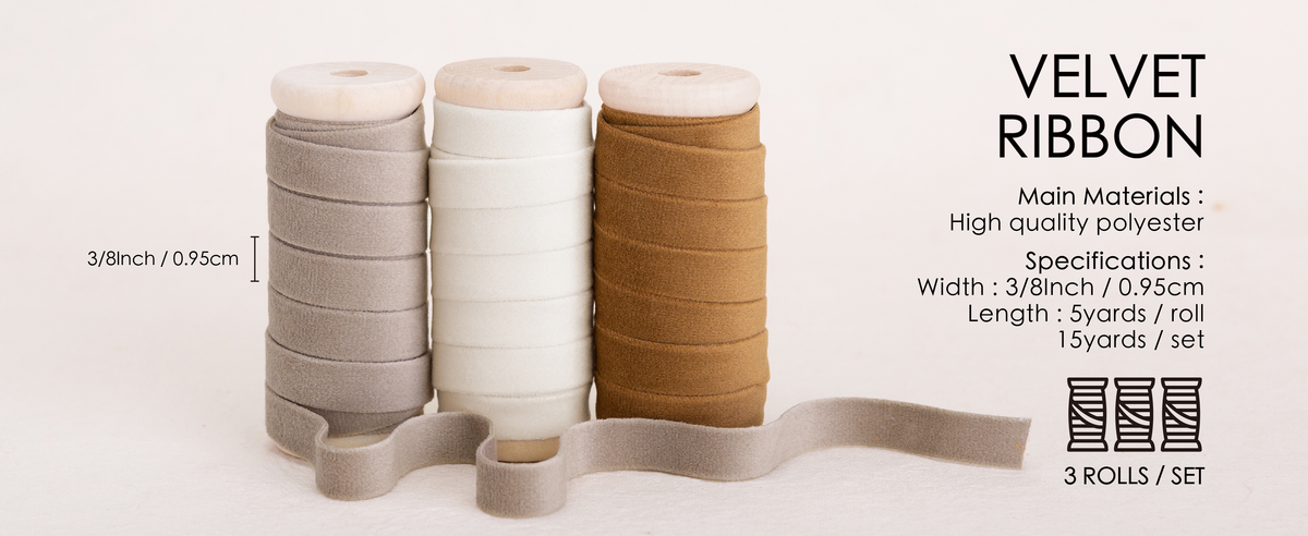 Three wooden spools of gray-beige, ivory and brown polyester velvet ribbon, 3/8 inch wide.