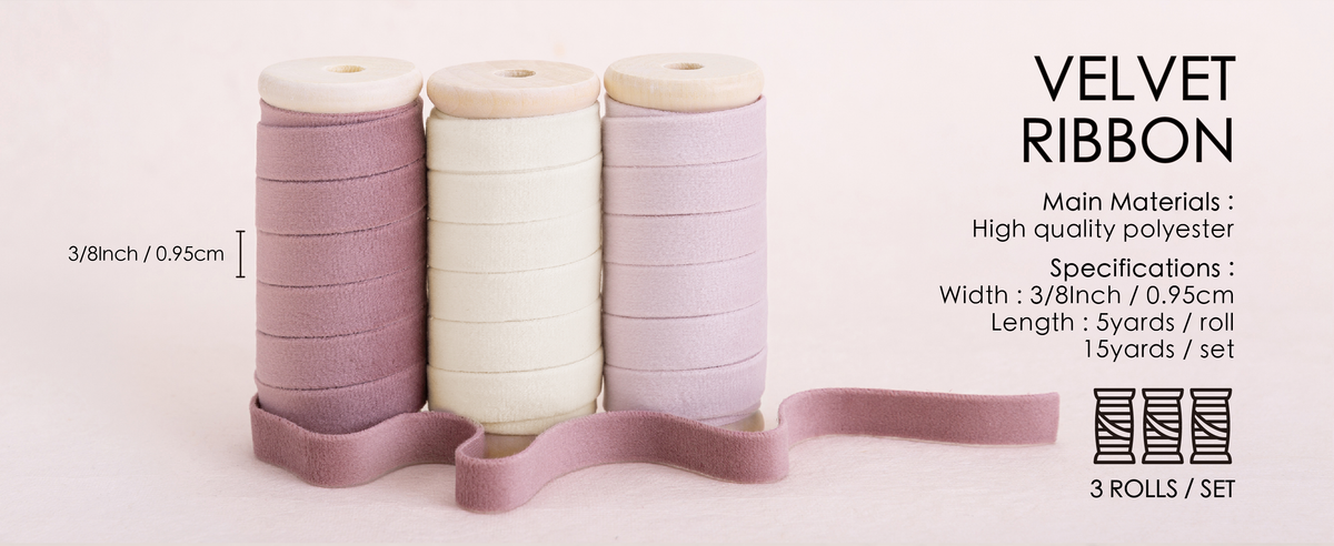 Pink and white velvet ribbon set shown with package, ribbon width, length, and material details