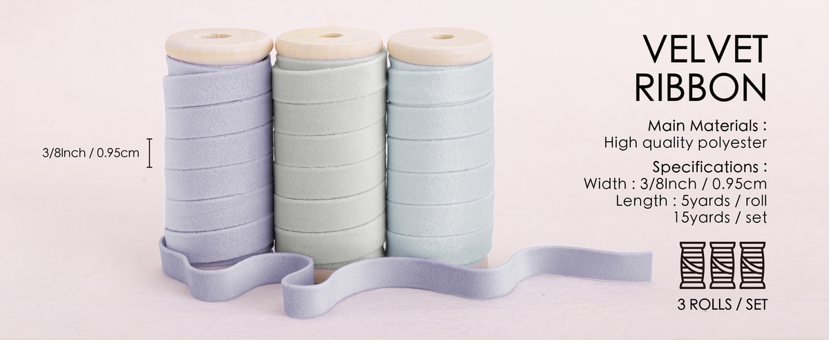 Blue and purple velvet ribbon set shown with package, ribbon width, length, and material details