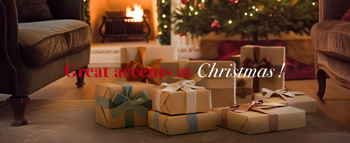 Christmas gifts decorated with bows made from the burgundy and red velvet ribbon set