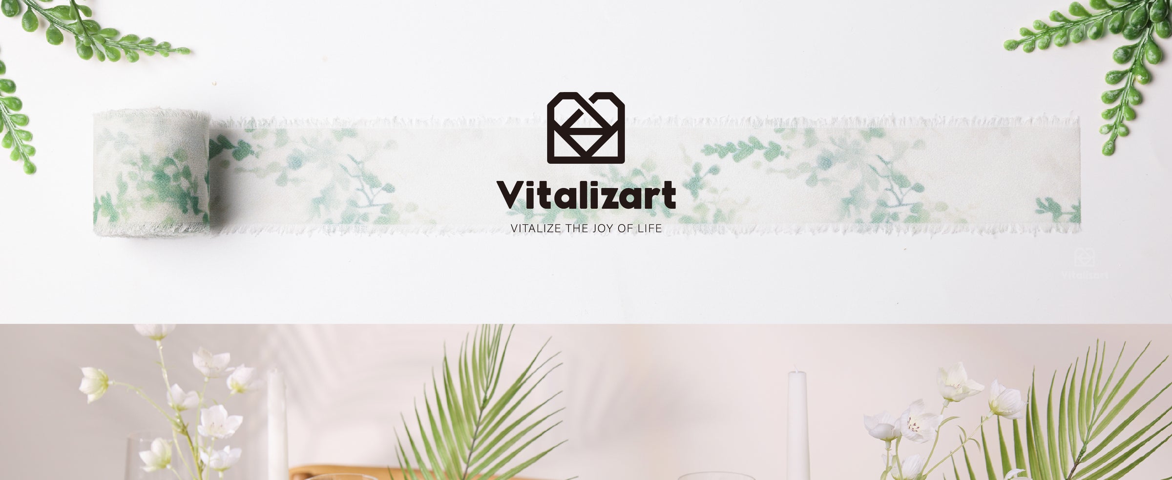 Green leaf-print frayed ribbon decorates wineglasses and napkins on a bright dining table