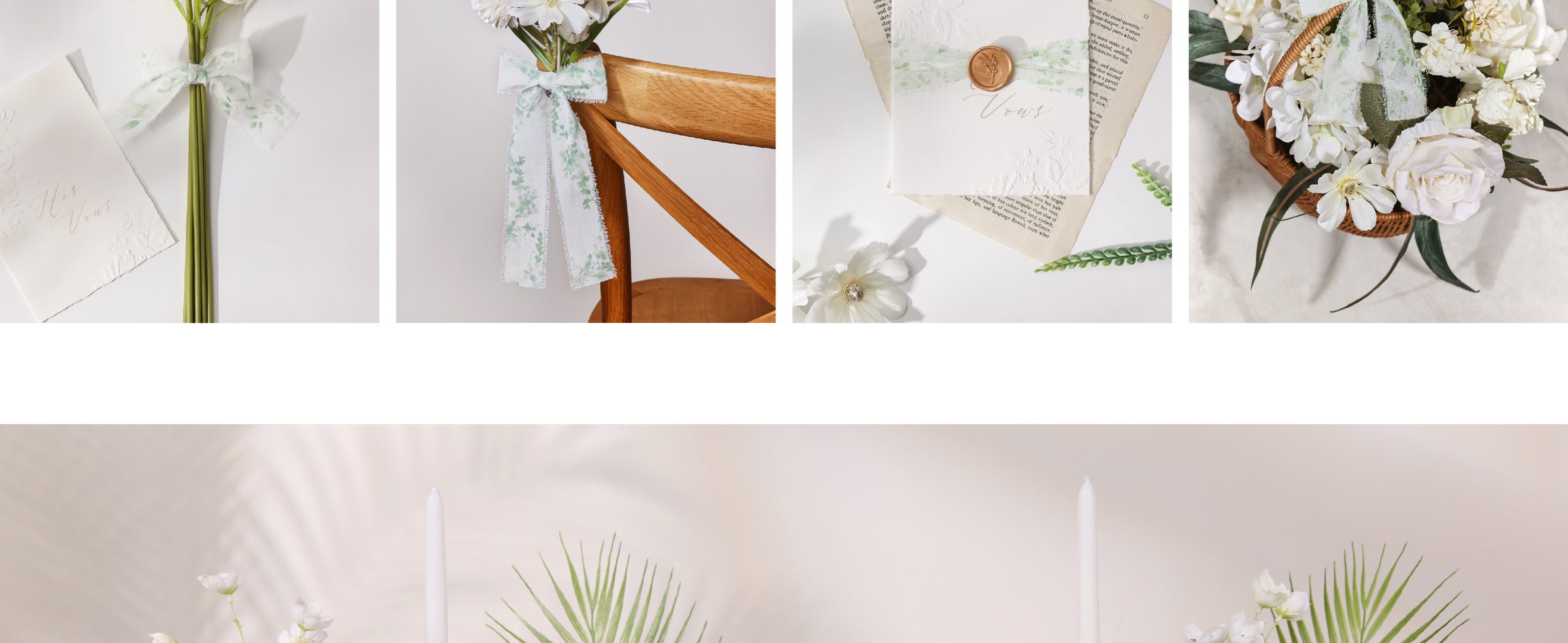 Close-up of a translucent green leaf-print ribbon bow with softly frayed edges