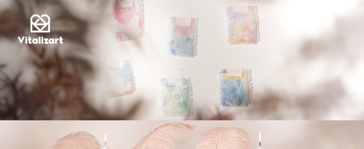 Six frayed ribbon swatches with assorted pastel watercolor patterns taped to a wall