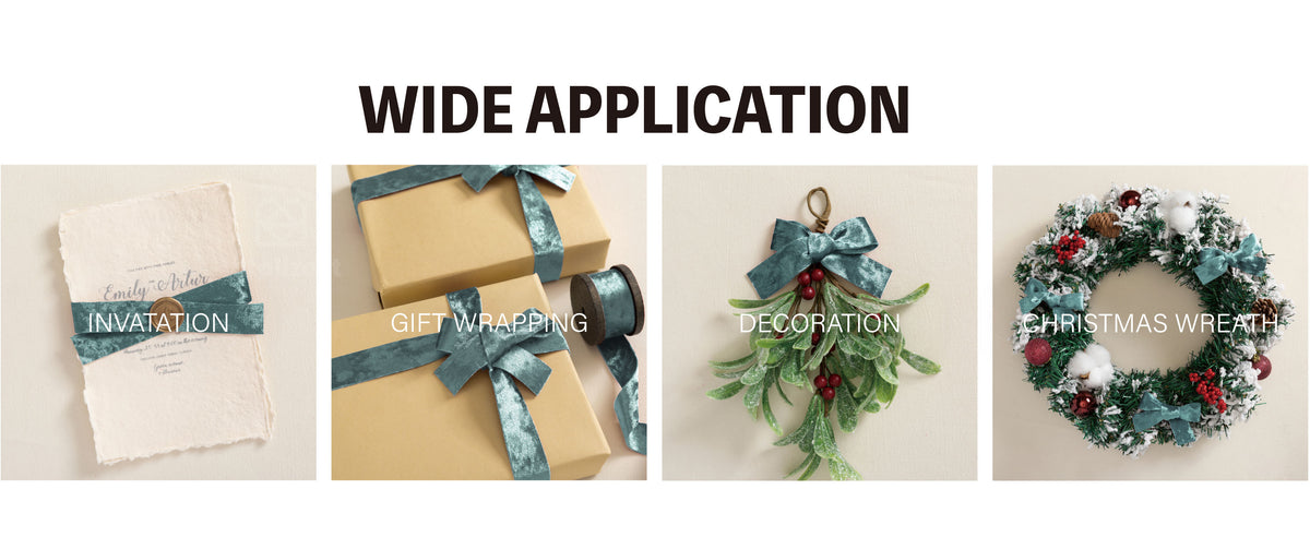 Pale blue crushed velvet ribbon used on a wax-sealed invitation and kraft-paper gift boxes