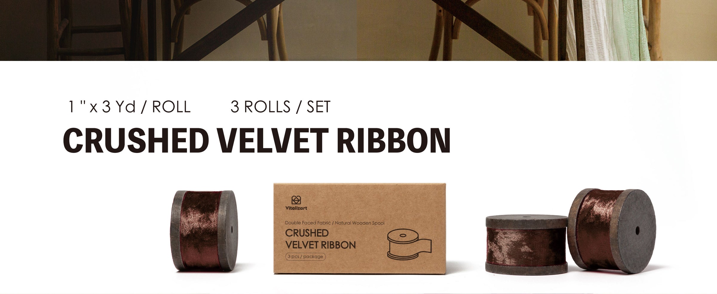Three rolls of 1-inch dark brown crushed velvet ribbon on wooden spools with kraft box.