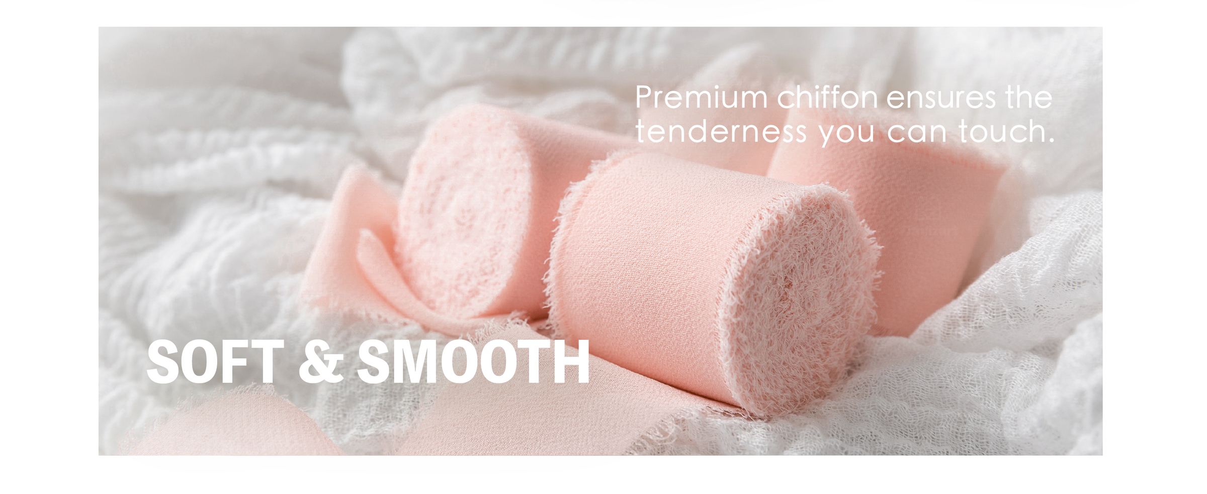Soft light pink chiffon ribbon loosely curled over white fabric, showing its delicate fringed edges