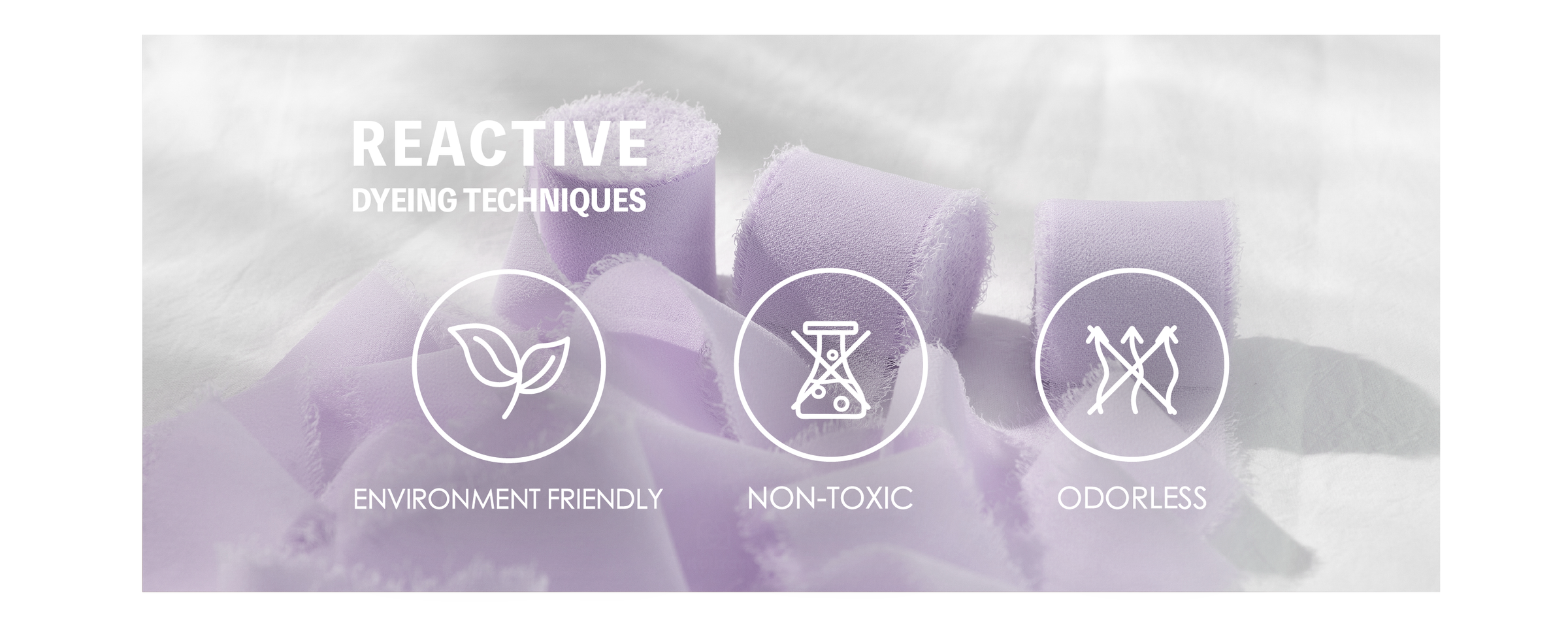 Lavender fringed chiffon ribbon with icons for environmentally friendly, non-toxic, odorless dyeing.