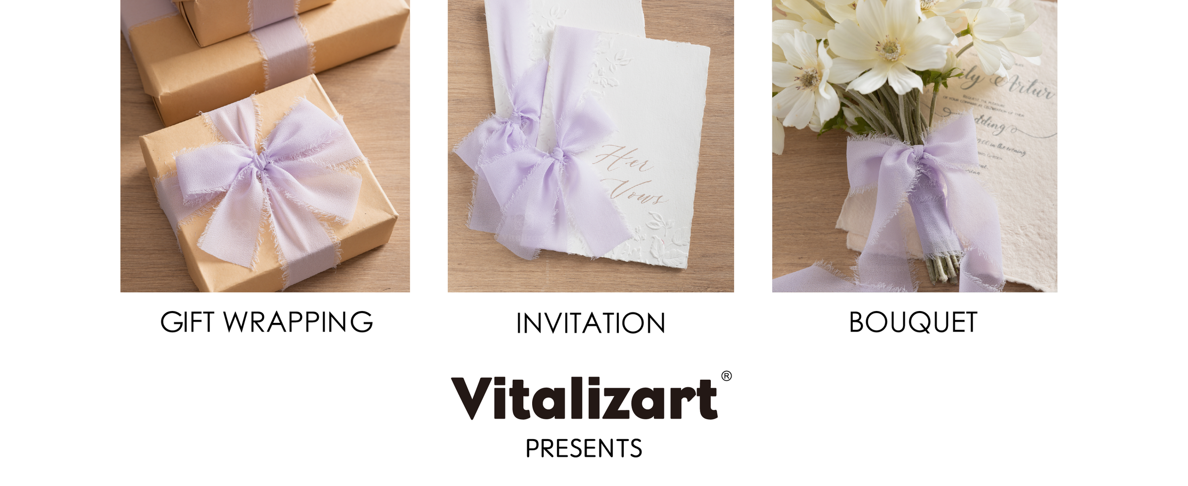 Lavender fringed chiffon ribbon decorating kraft gifts, white invitations, and a flower bouquet.