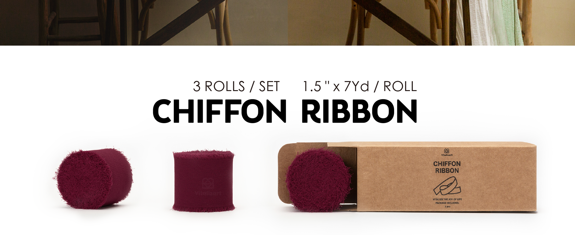 Three deep burgundy fringed chiffon ribbon rolls beside an open kraft storage box.