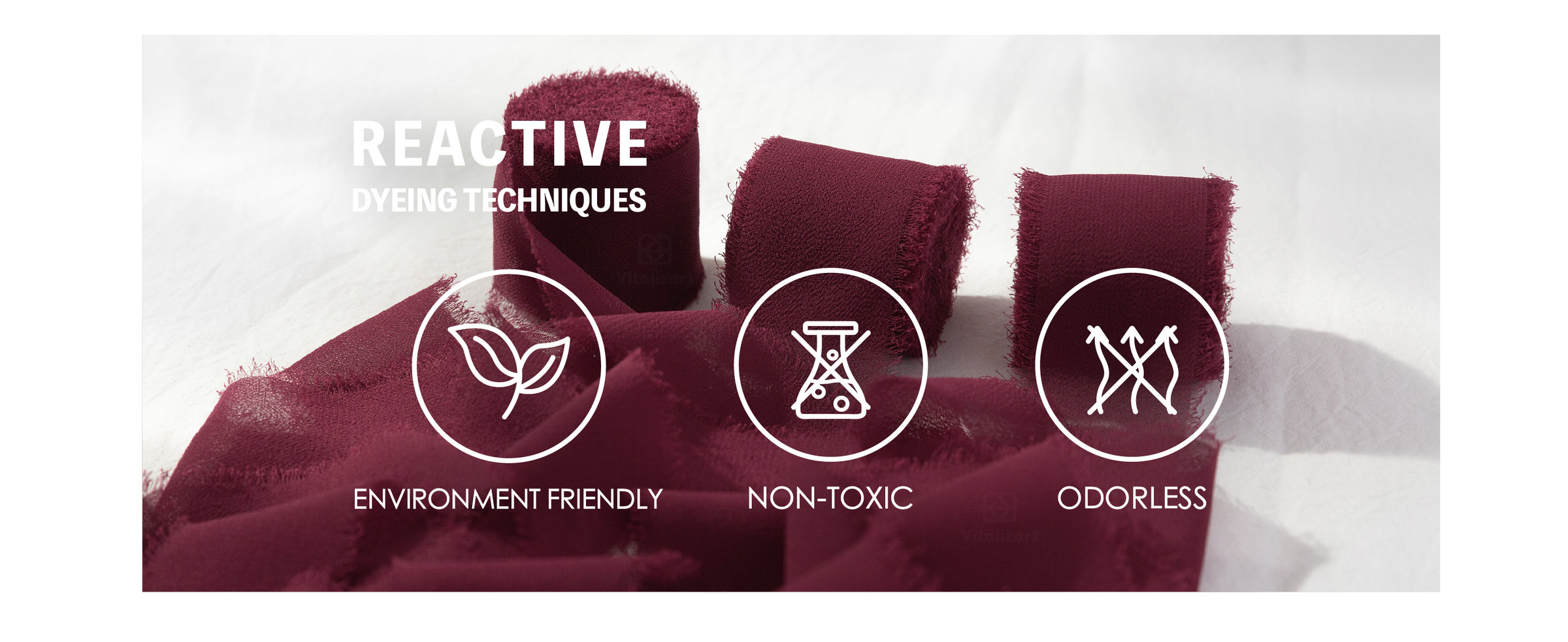 Burgundy fringed chiffon ribbon with icons for environmentally friendly, non-toxic, odorless dyeing.