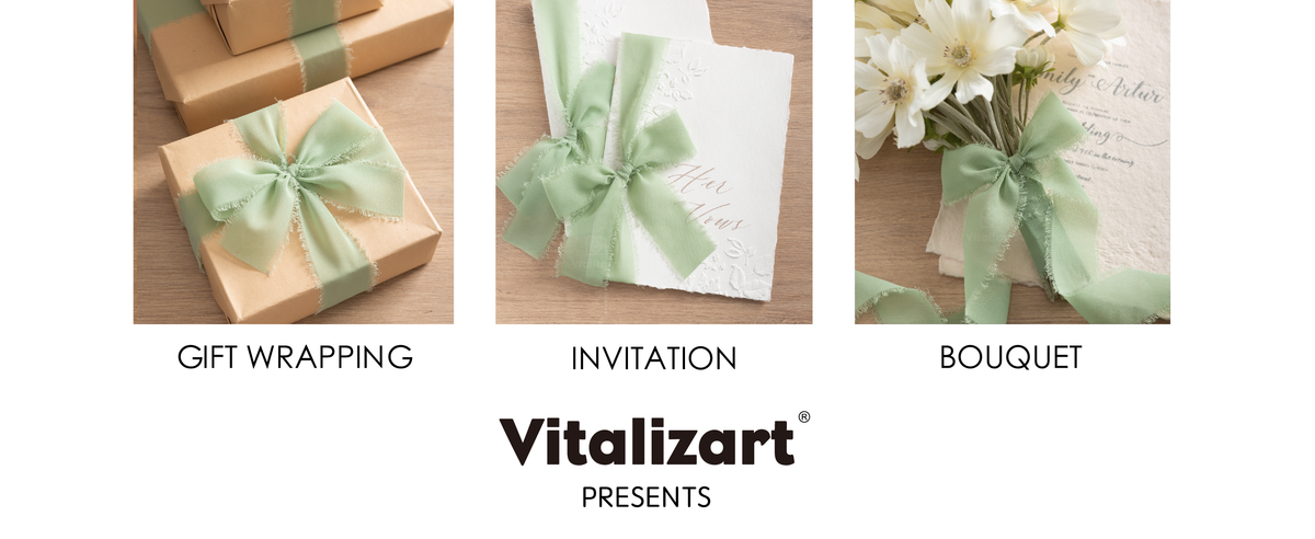 Smiling child hugs a plush dog beside a dark green gift tied with cream fringed chiffon ribbon