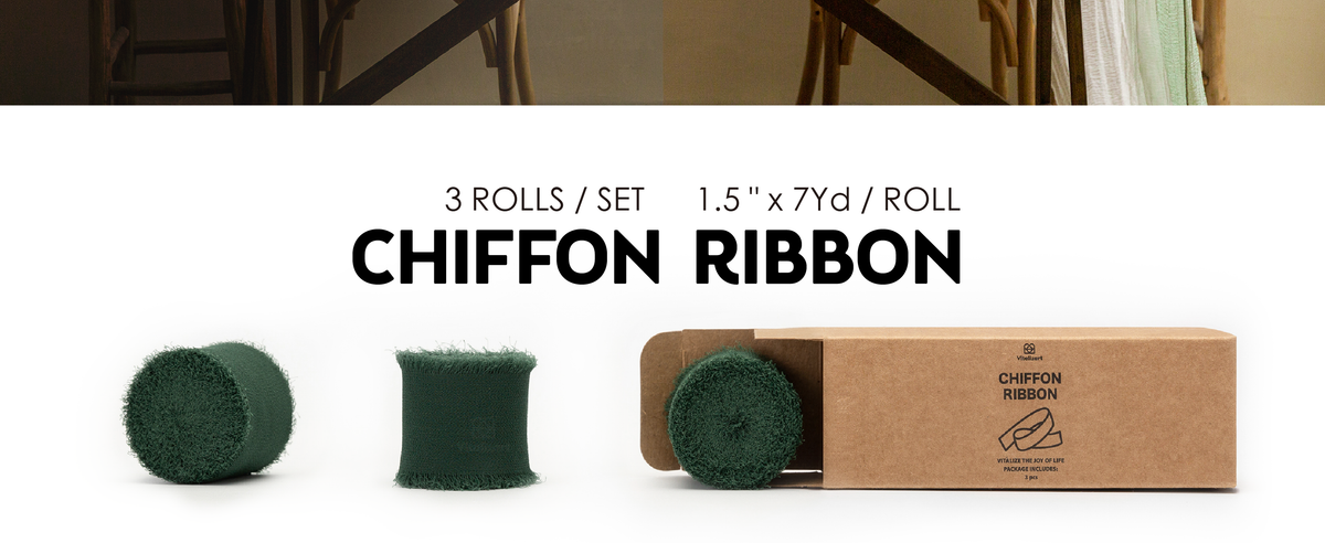 Three 1.5-inch by 7-yard rolls of dark green fringed chiffon ribbon with kraft storage box