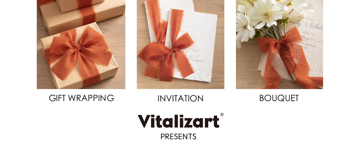Terracotta fringed chiffon ribbon used on gift boxes, invitations, and a white flower bouquet.