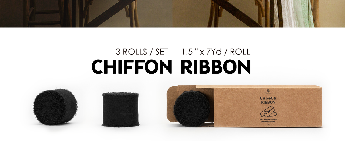 Three black fringed chiffon ribbon rolls with kraft box, each measuring 1.5 inches by 7 yards.