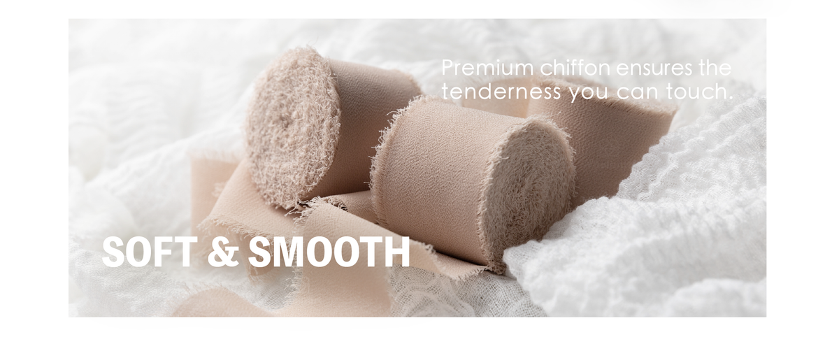Nude beige chiffon ribbon rolls and loose lengths with soft woven texture and fringed edges.