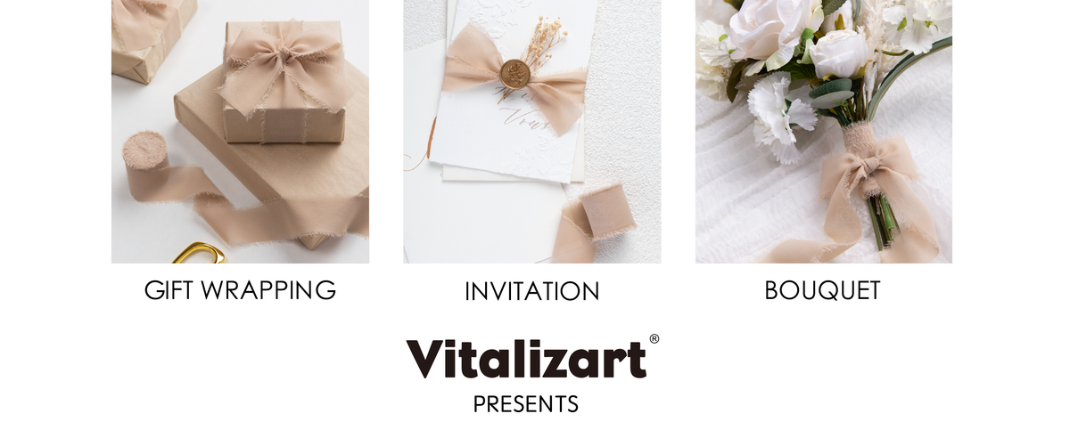 Nude beige frayed chiffon ribbon decorating kraft gifts, a sealed invitation, and a white bouquet.