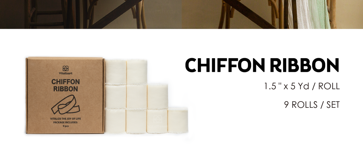 Boxed set of nine cream white chiffon ribbon rolls, each 1.5 inches wide by 5 yards long