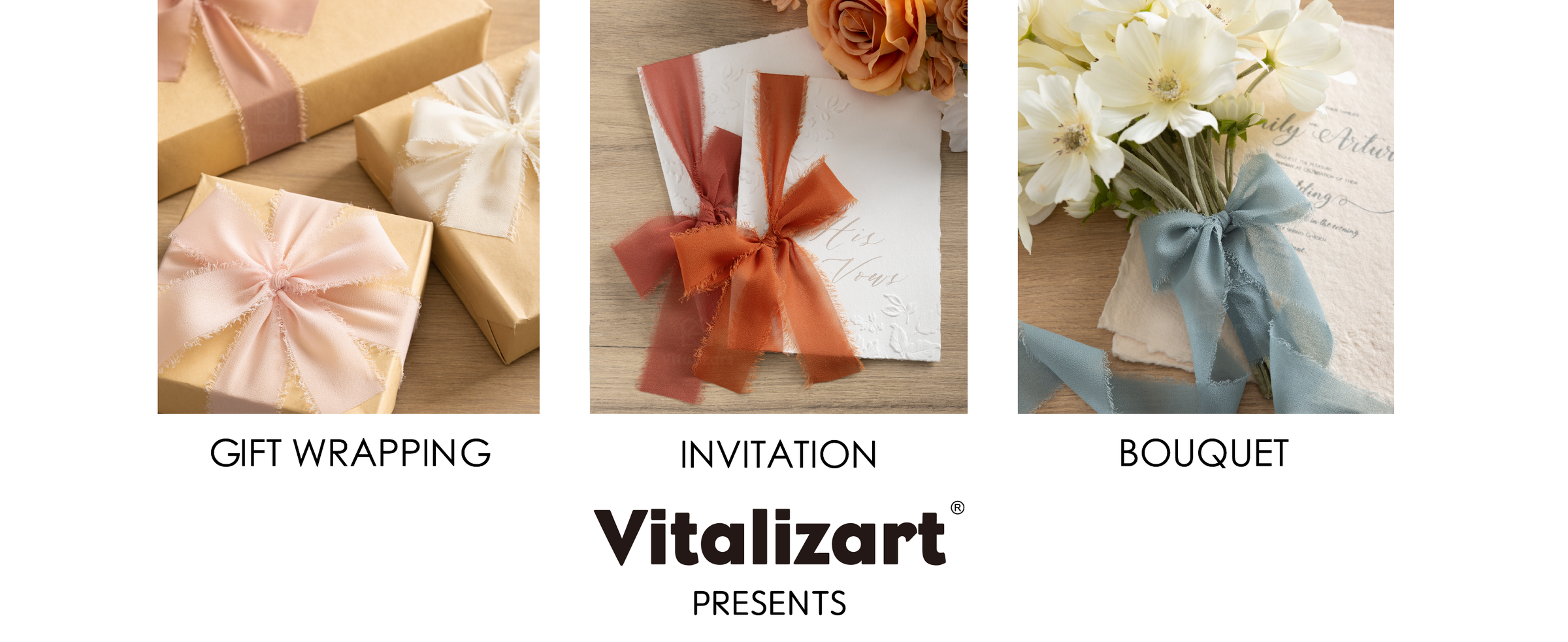 Fringed chiffon ribbons decorate gold gift boxes, embossed invitations, and a white flower bouquet.