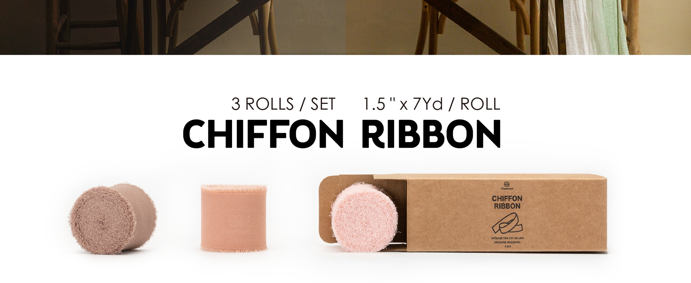 Three rolls of dusty rose, peach, and pale pink 1.5-inch fringed chiffon ribbon beside a kraft box.