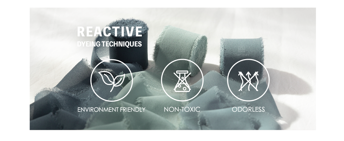 Dusty blue chiffon ribbon rolls with frayed edges and reactive dyeing feature icons.
