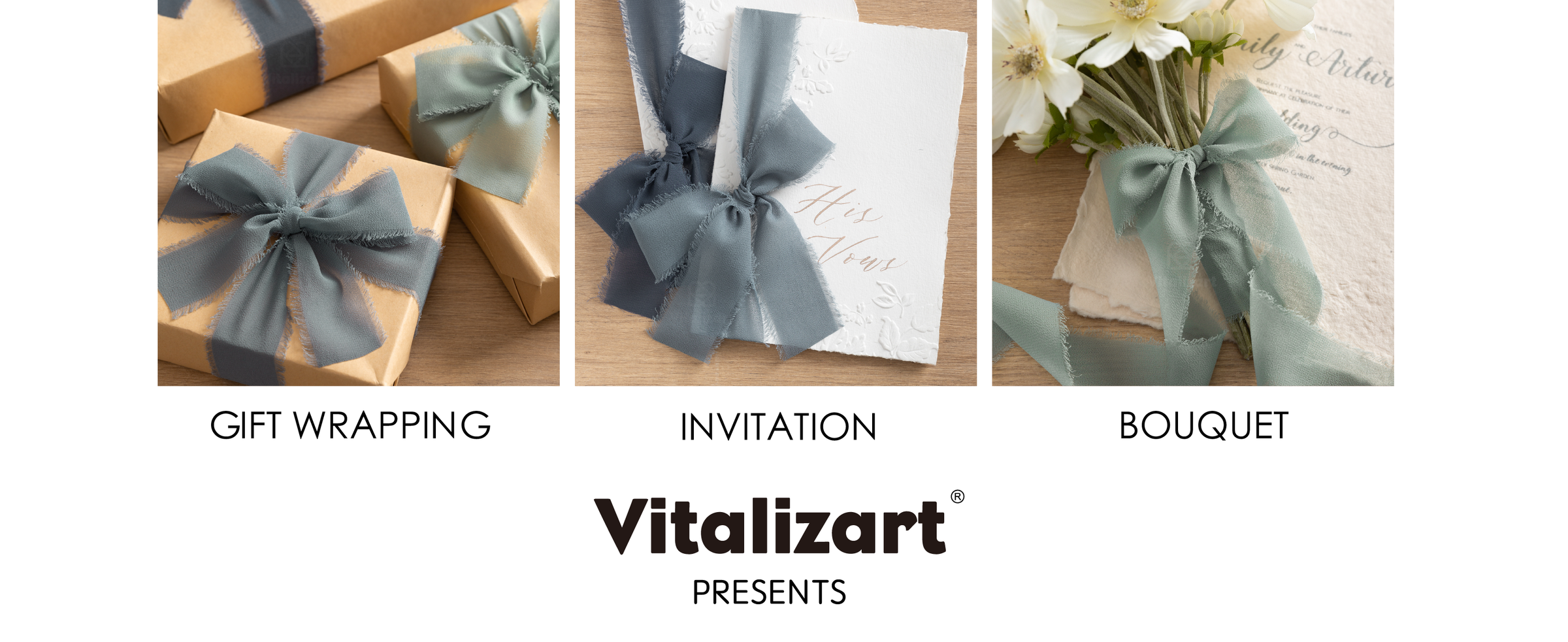 Dusty blue frayed chiffon ribbon bows used for gift wrapping, invitations, and a bouquet.