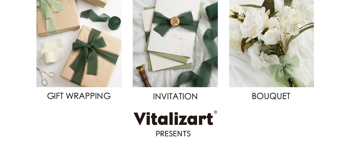 Cream and green frayed chiffon ribbon set used on gift wrapping, invitations, bouquets, and floral decorations