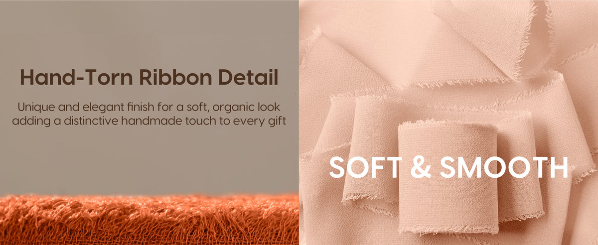 Close-up of terracotta chiffon ribbon weave and pale blush strips with hand-torn, frayed edges.