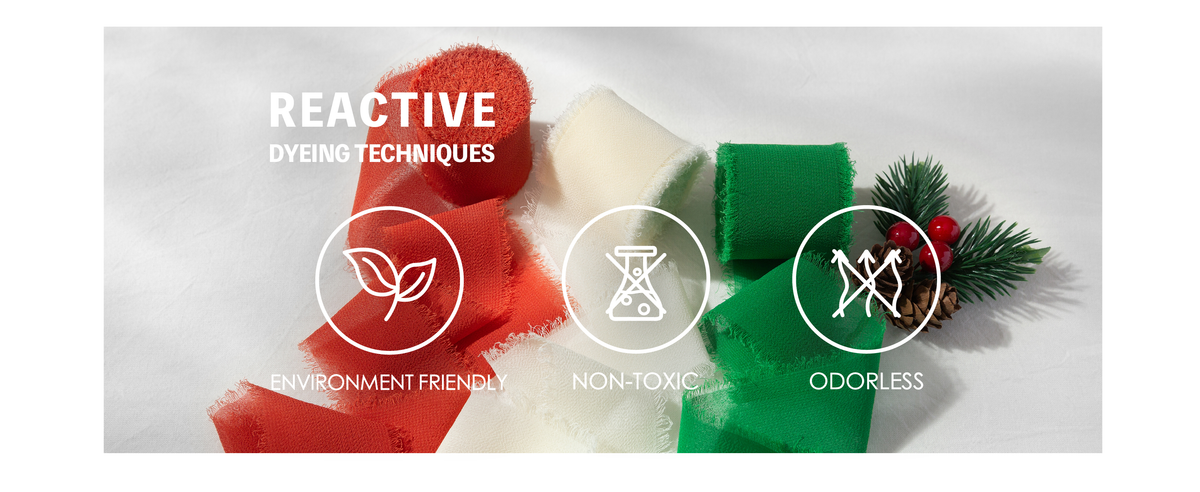 Red, cream, and green frayed chiffon ribbons with pinecone, berries, and product feature icons