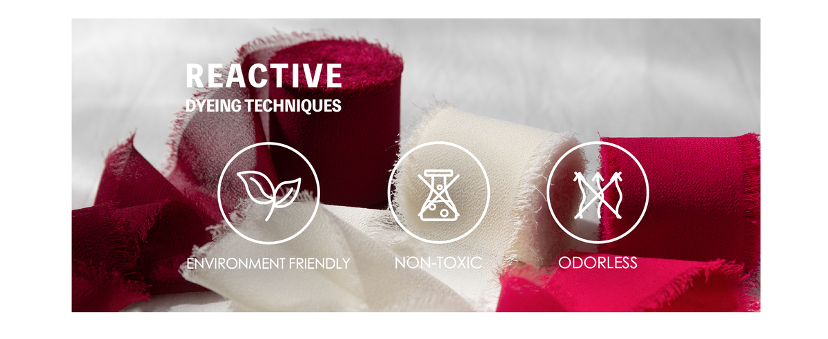 Burgundy and white fringed chiffon ribbons with icons for eco-friendly, non-toxic, and odorless dyeing.