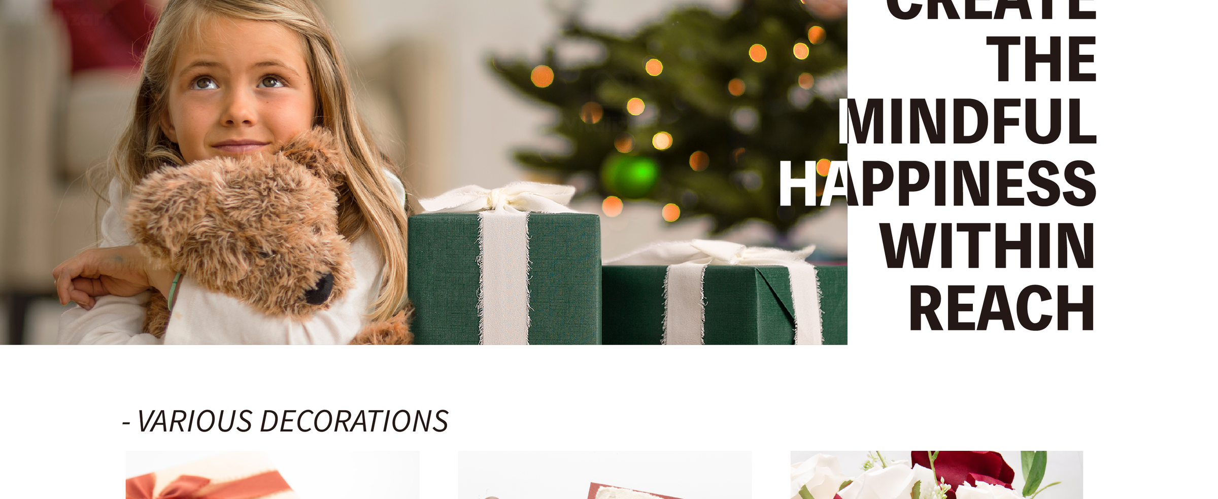 Girl hugging a plush dog beside a green gift wrapped with wide white fringed chiffon ribbon.