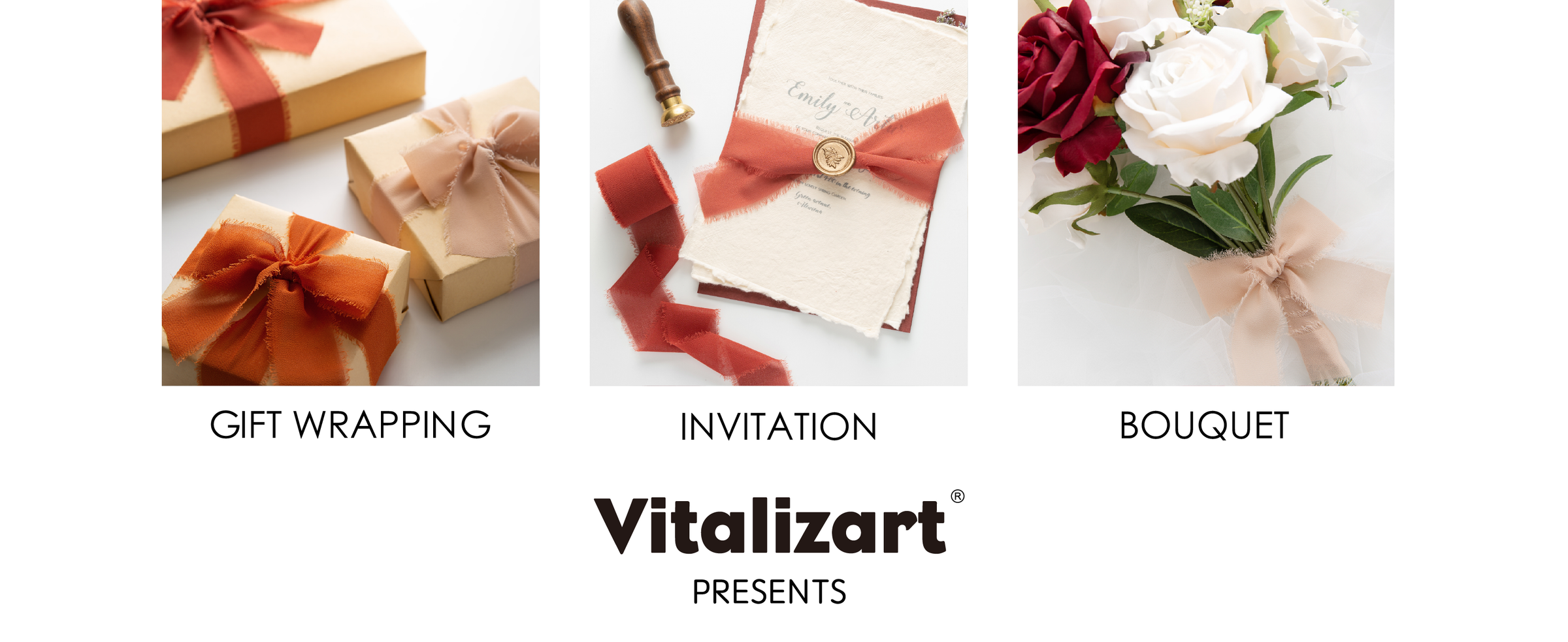 Earth-tone fringed chiffon ribbon decorating gift boxes, an invitation, and a rose bouquet.