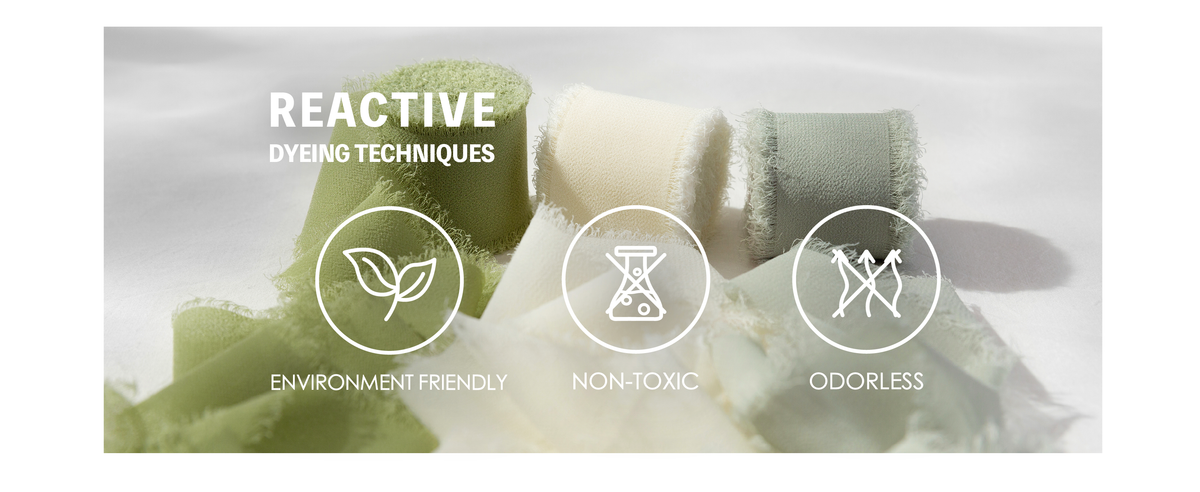 Green, cream, and pale sage fringed chiffon ribbons with icons for dyeing-related product features.