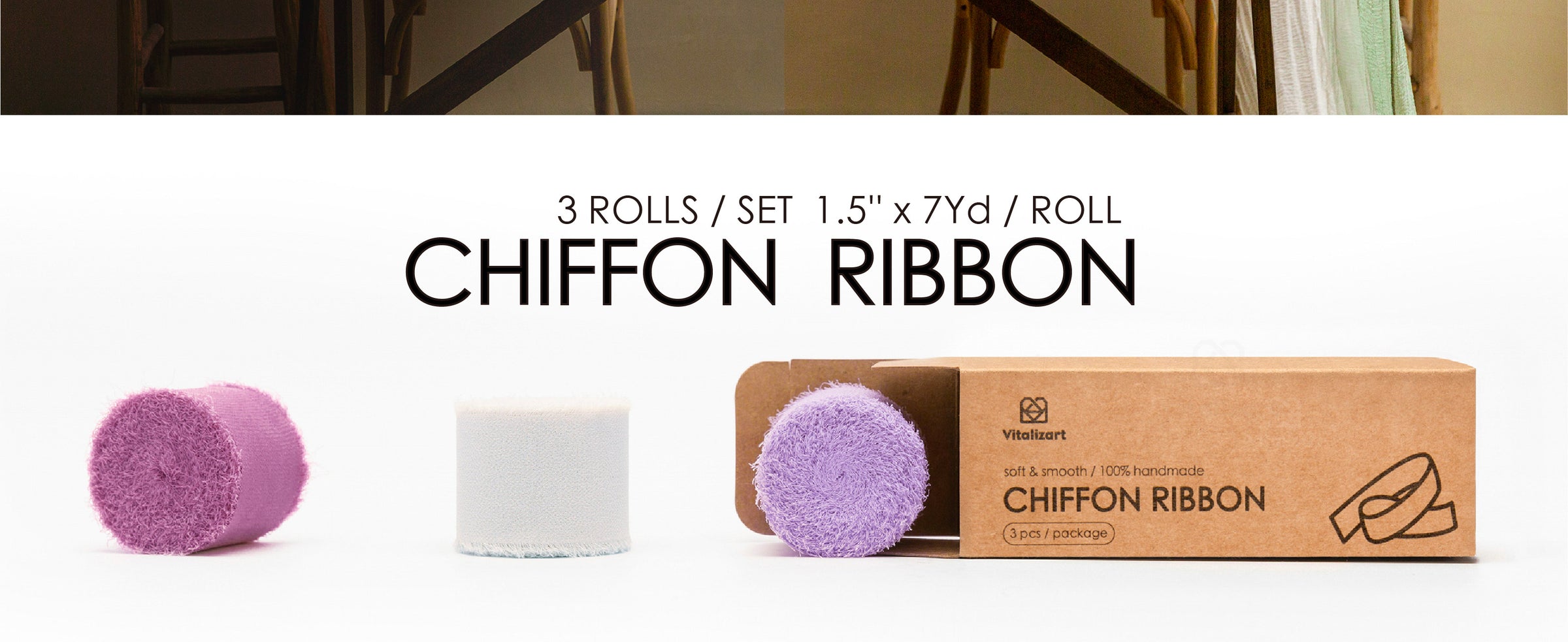 Three rolls of lavender, white, and light purple frayed chiffon ribbon beside the package