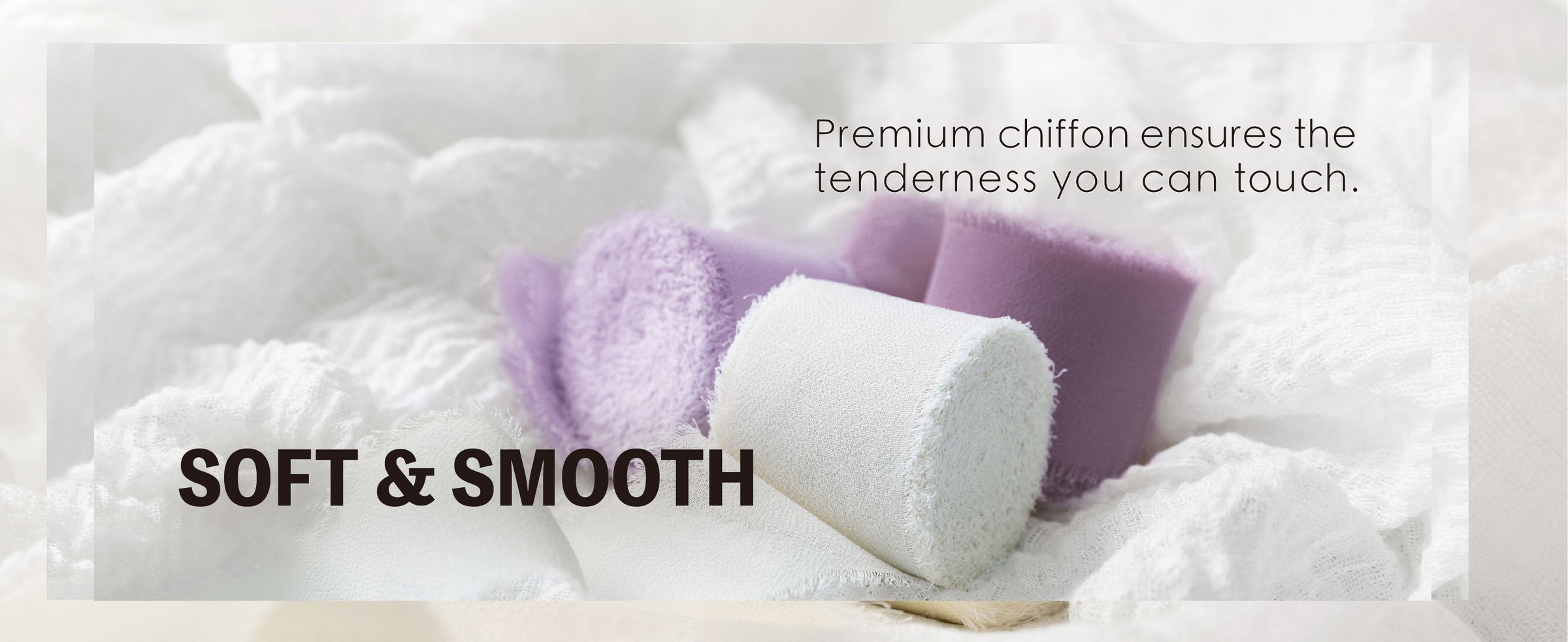Lavender, purple, and white chiffon ribbon rolls with soft texture and frayed edges