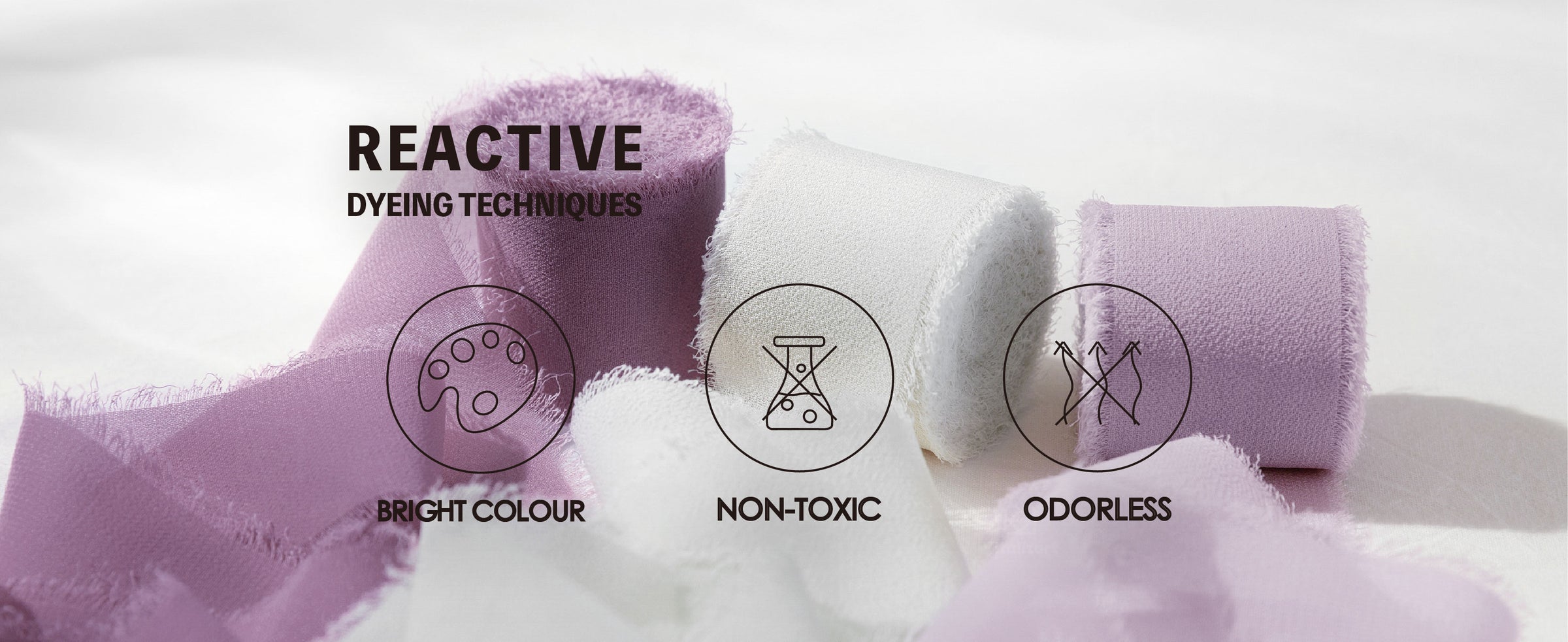 Lavender and white frayed chiffon ribbon with icons for bright colour, non-toxic dye, and no odor
