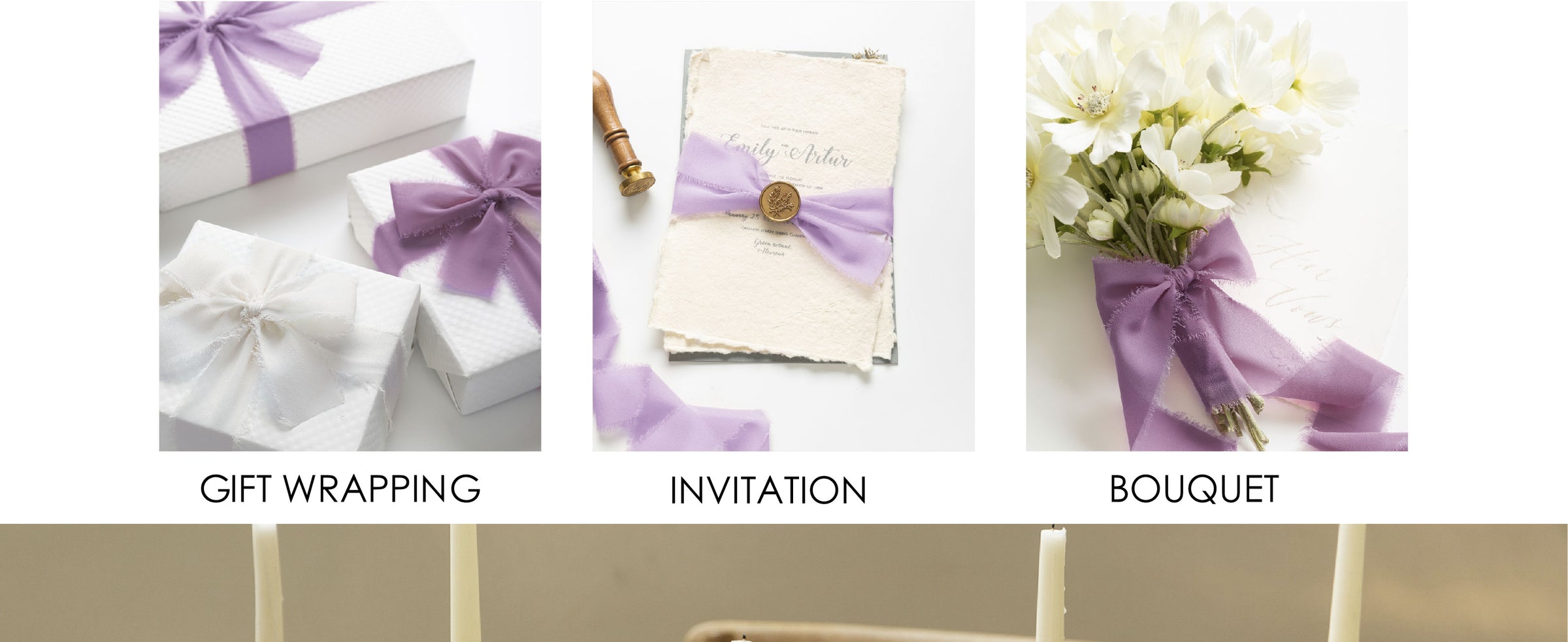 Lavender and white frayed ribbon used on gift boxes, an invitation, and a white flower bouquet