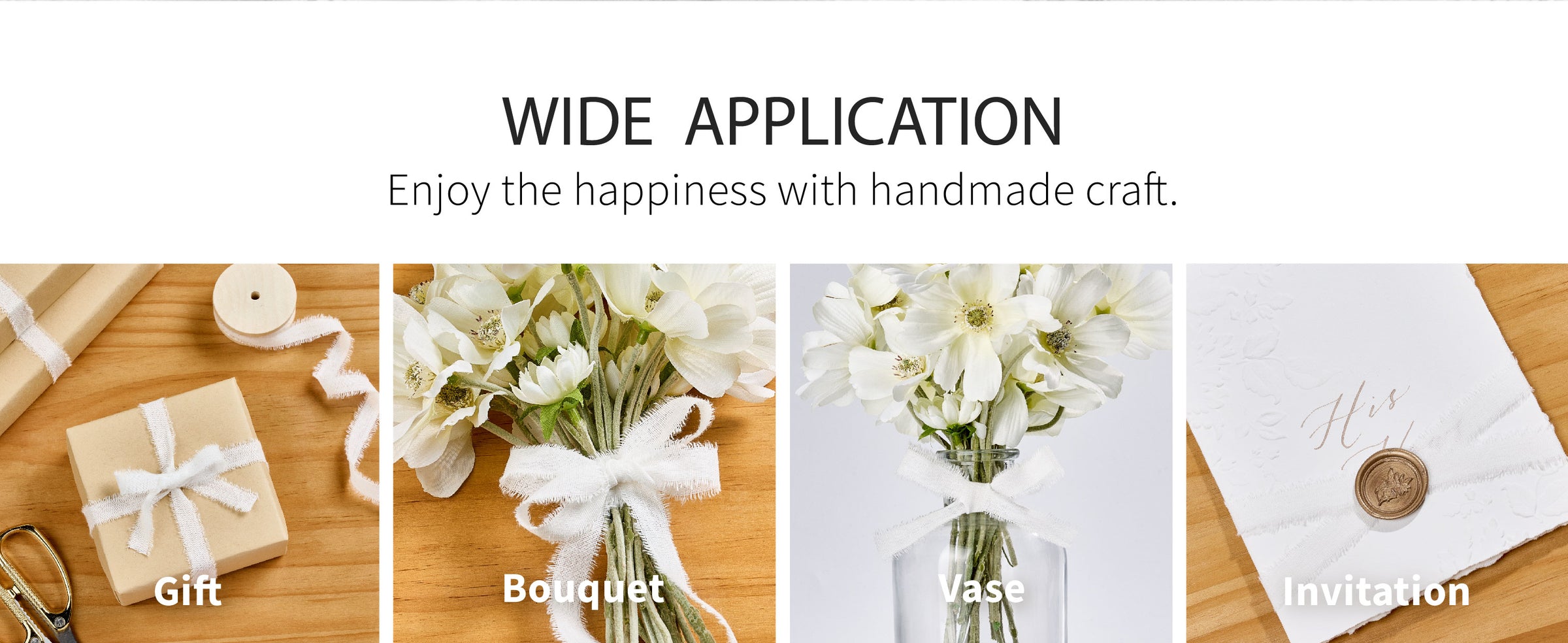 White frayed cotton ribbon tied in bows around a kraft gift box and a white flower bouquet