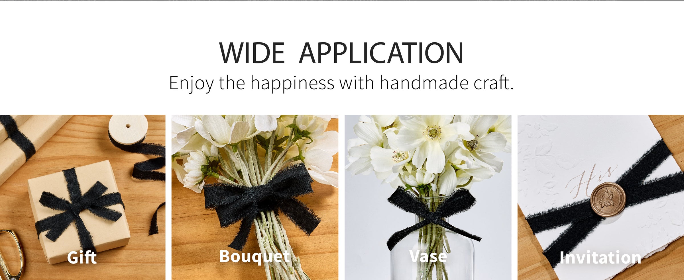 Black frayed cotton ribbon tied in bows around a kraft gift box and a white flower bouquet